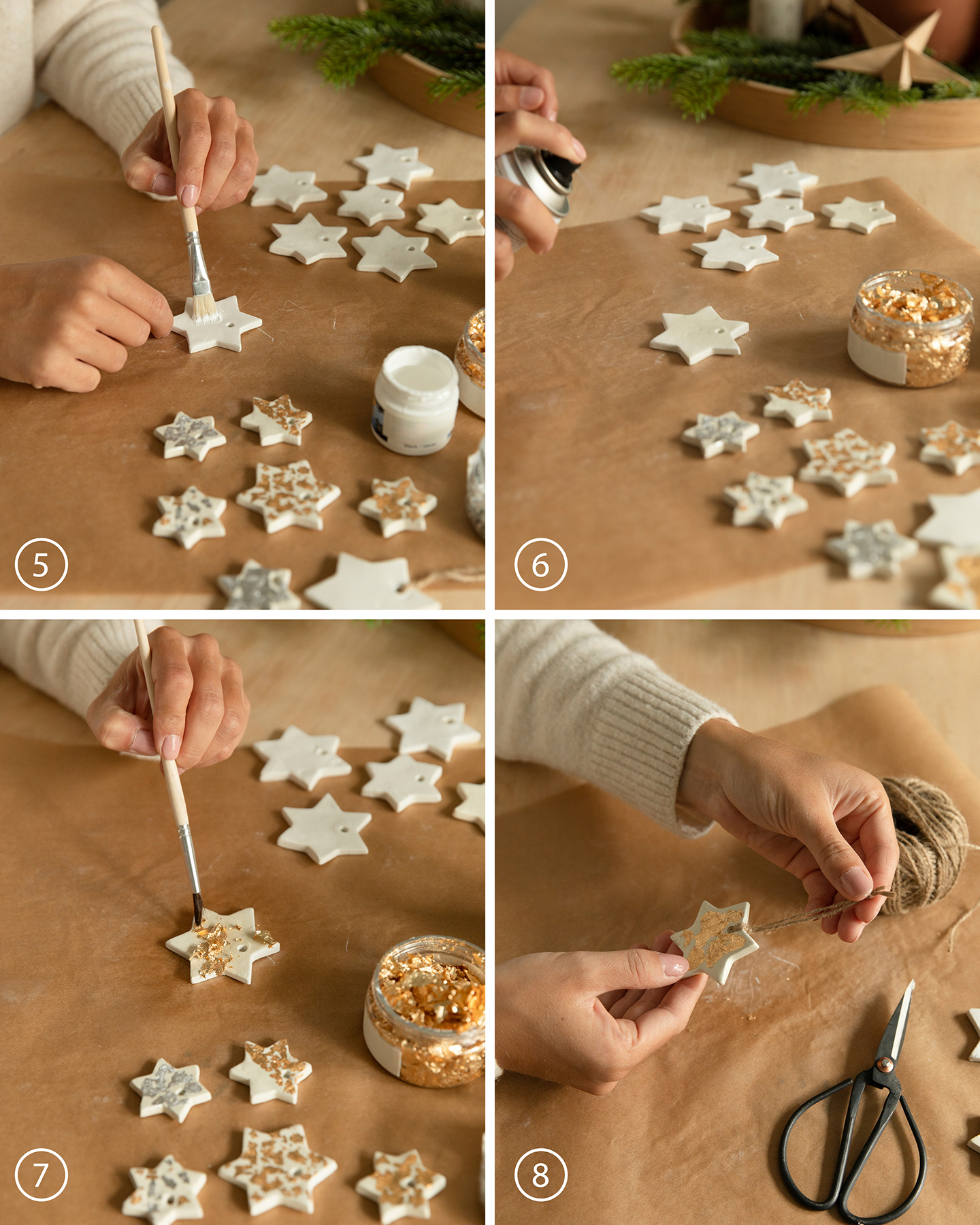 DIY-Weihnachtsbaumschmuck Sterne aus Modelliermasse werden mit Goldfolie verziert.