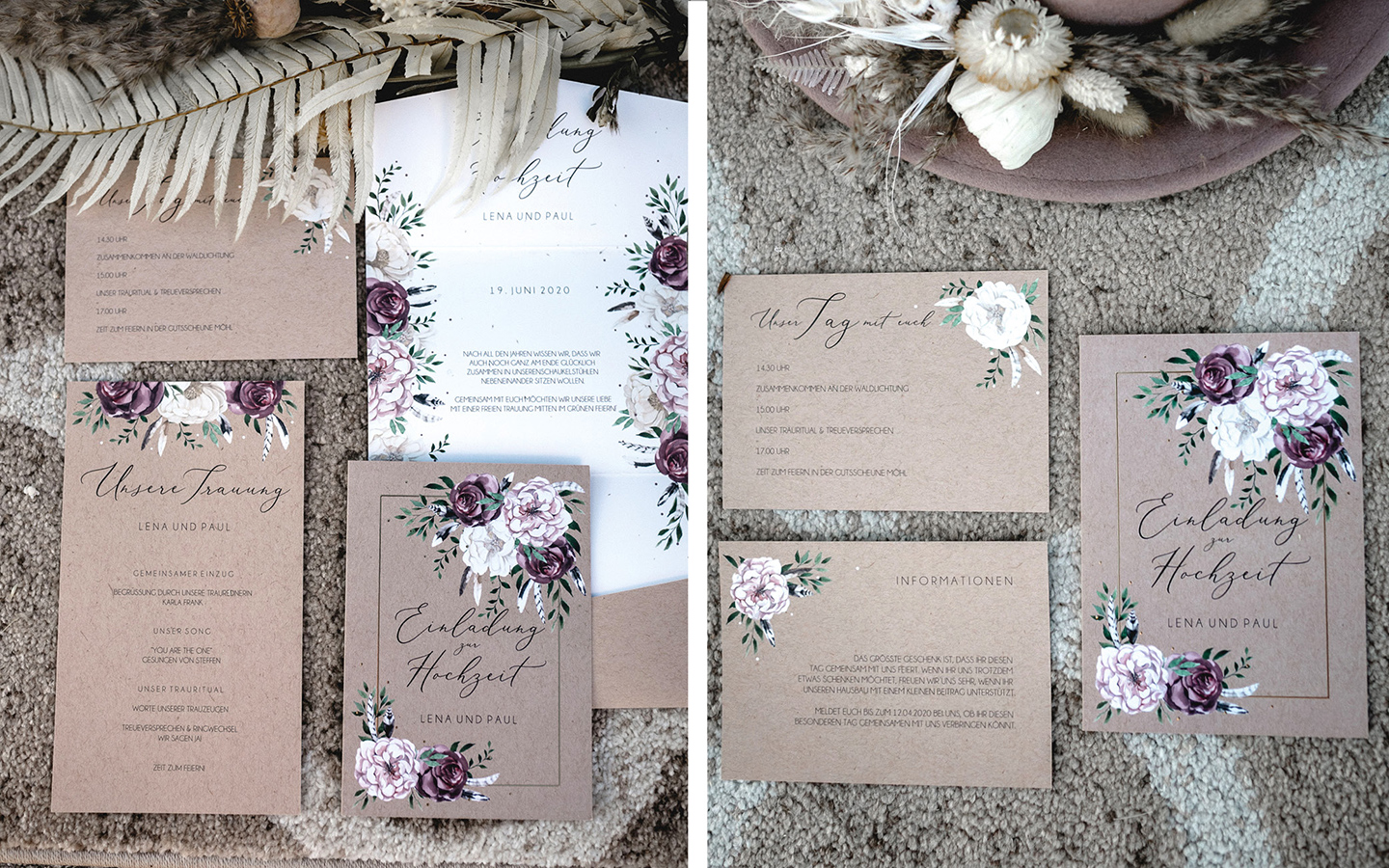 Die Papeterieserie "Bohemian Summer" besteht aus Papier im Kraftpapier-Look geschmückt mit handgezeichneten Blumen in Lila, Rosa und Weiß.