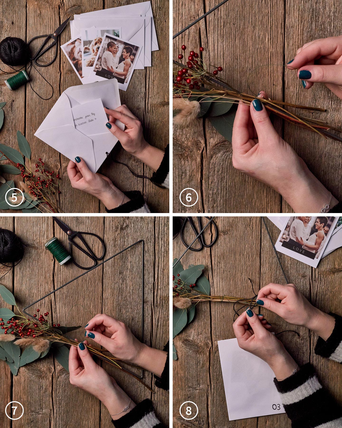 Blumen werden an Metall-Dreieck für Adventskalender gebunden.