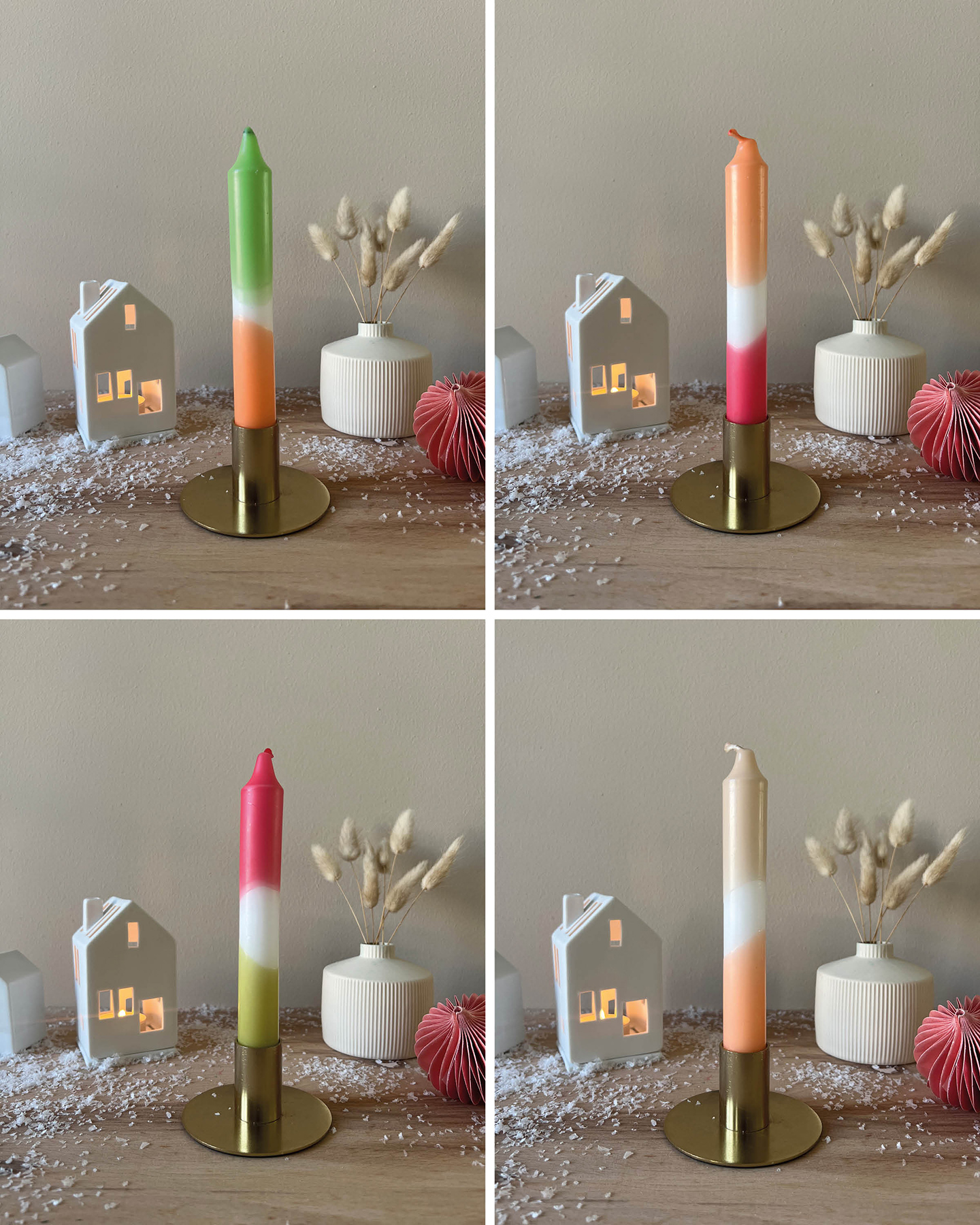 Adventsbasteln mit Kindern. Bunte Kerzen im Kerzenständer. 