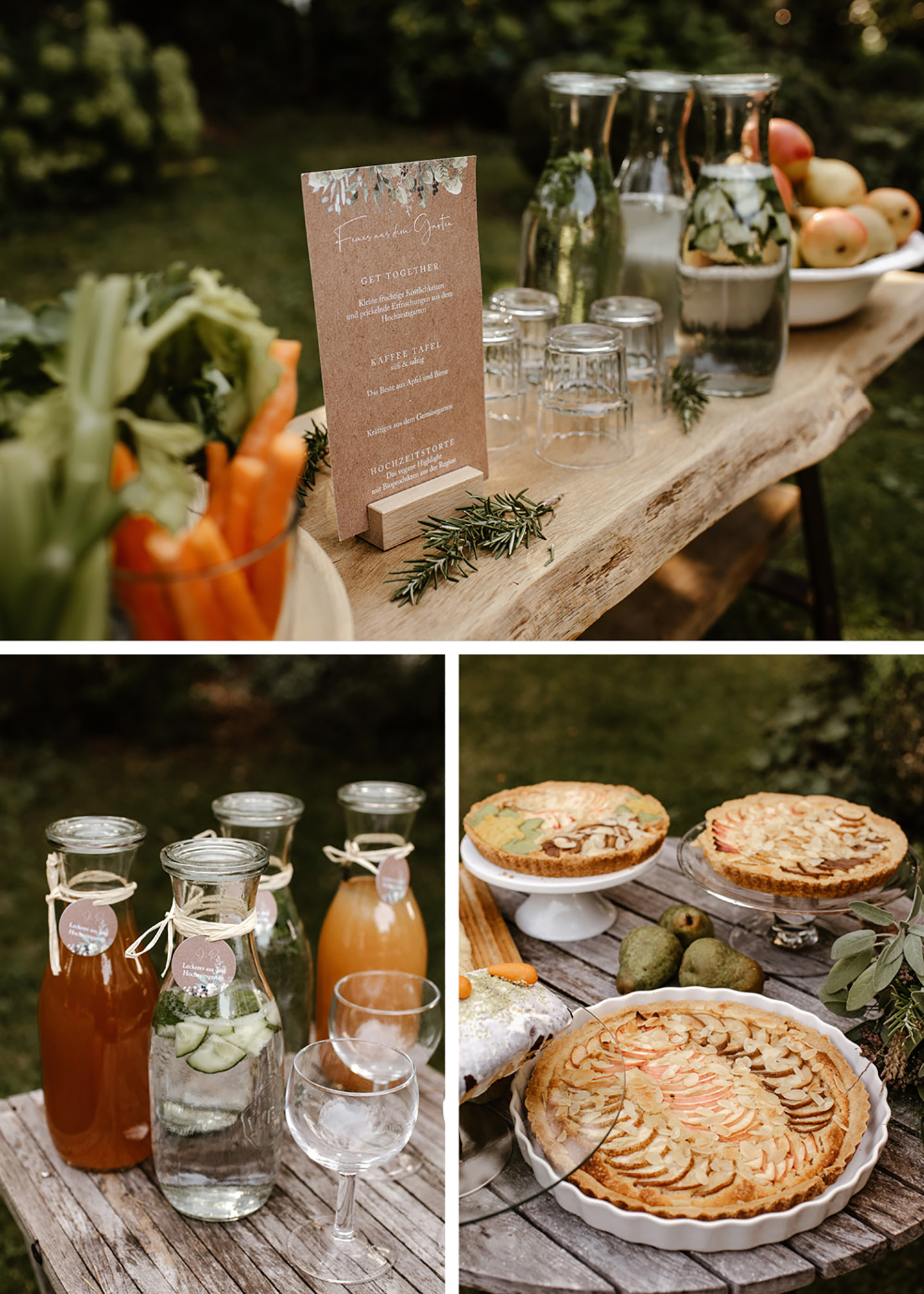 Das Kuchenbuffet sowie eine Saftbar befindet sich in der Nähe des Hochzeitstisches. Das Buffet ist von hier aus von allen gut zu erreichen. Zu sehen ist, wie die Speisen und Getränke liebevoll drapiert wurden. 