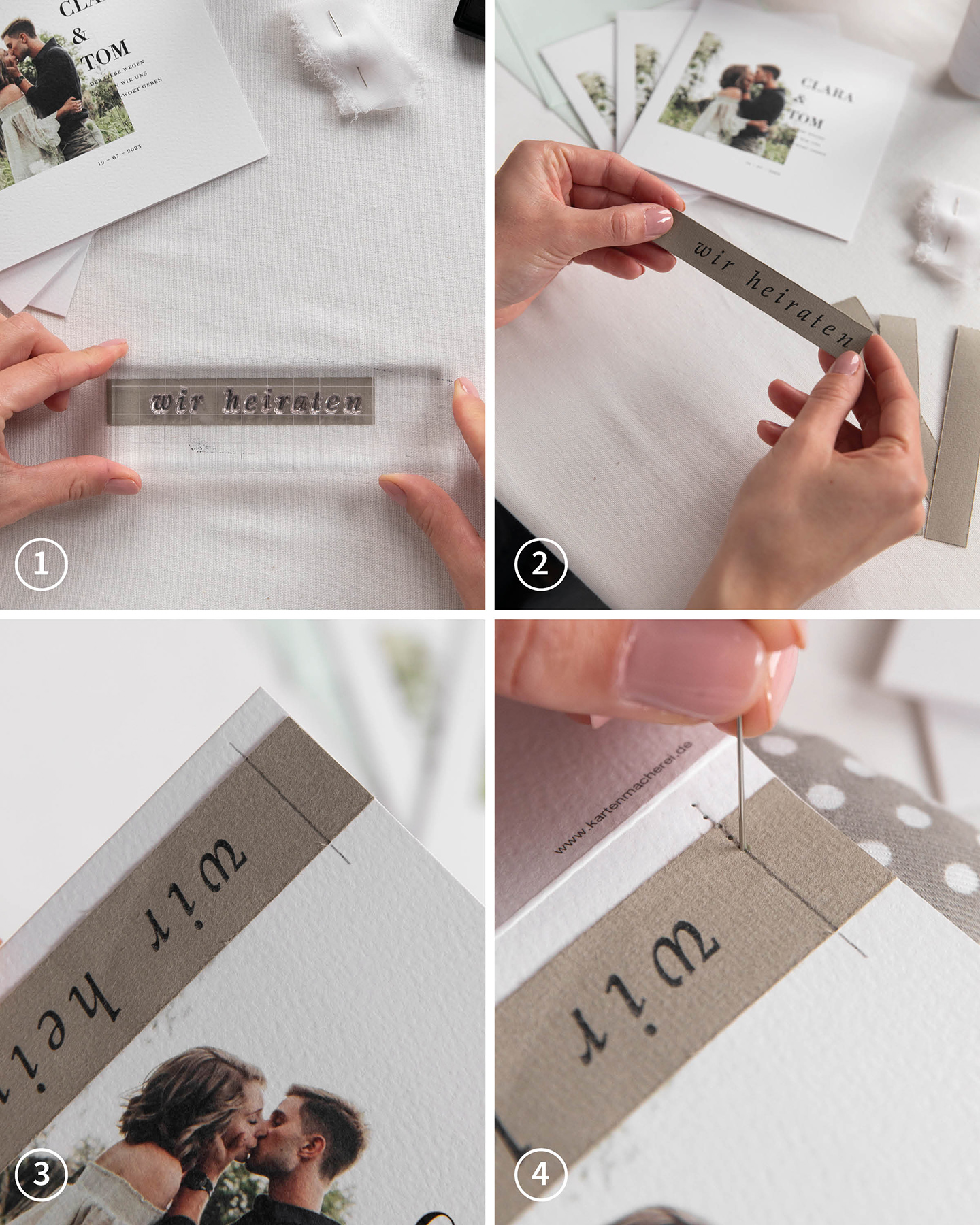 Schritt für Schritt Anleitung für eine DIY Hochzeitseinladung mit angenähtem Anhänger.