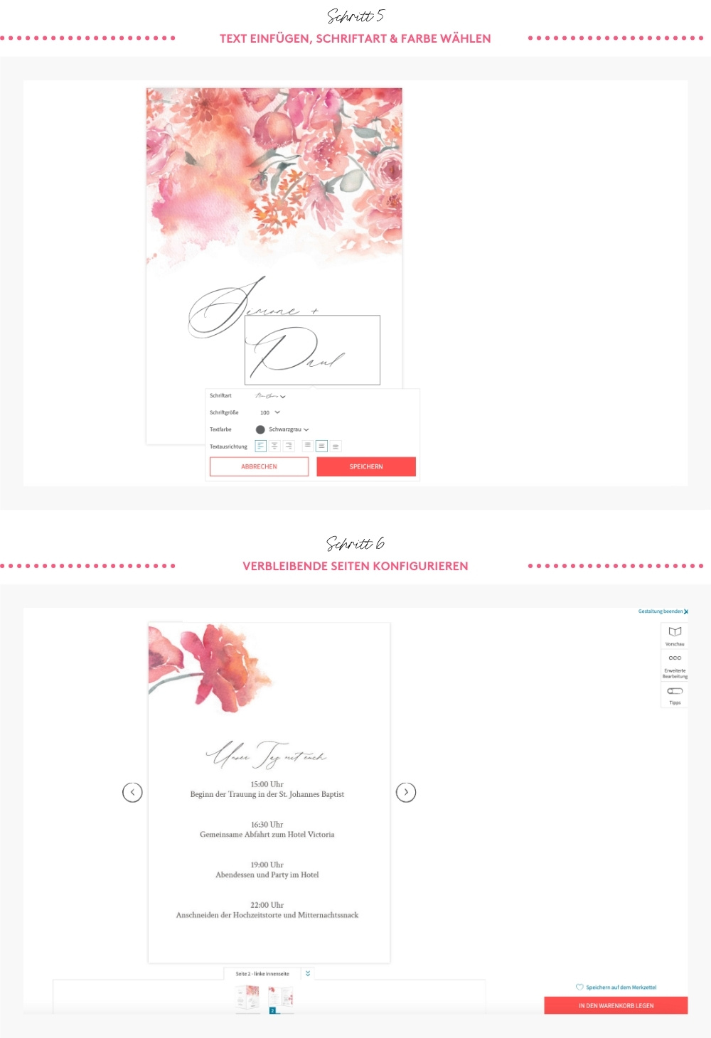 DIY Hochzeitseinladung auf Grundlage einer Blanko Formatvorlage. Konfiguration der Einladung nach persönlichen Wünsche und dem Upload eigener Design-Elementen. 