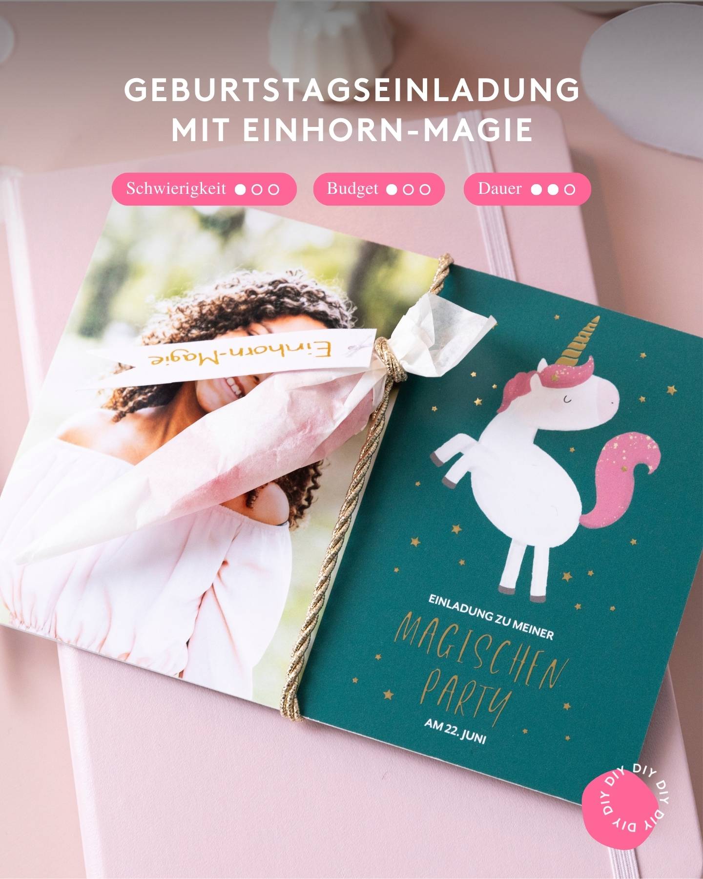 Einladungskarte zum Kindergeburtstag mit einem Einhorn mit Zuckertüte als DIY.