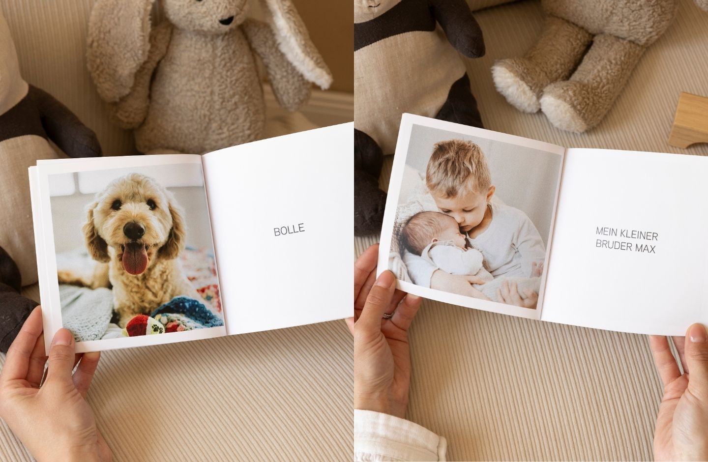 Bildercollage der Innenseite eines Softcover Fotobuchs im quadratischen Format 15 x 15 cm. Linkes Foto zeigt ein Bild von einem Hund und den Schriftzug Bolle, rechtes Foto zeigt einen kleinen Jungen mit Baby im Arm und Schriftzug Mein kleiner Bruder Max.