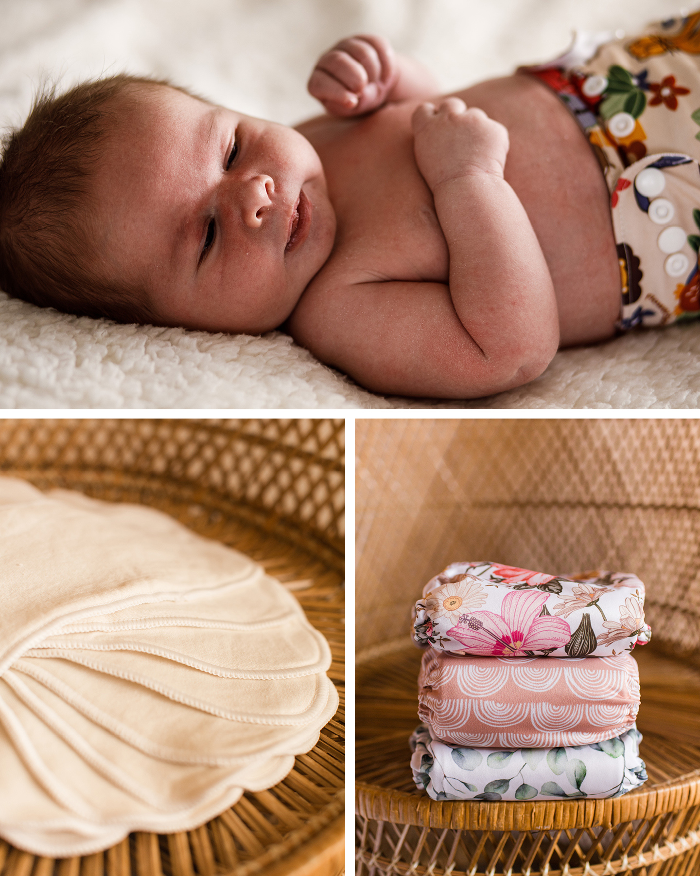 Nachhaltig als Familie leben: Baby liegt mit Stoffwindeln gewickelt im Bett.