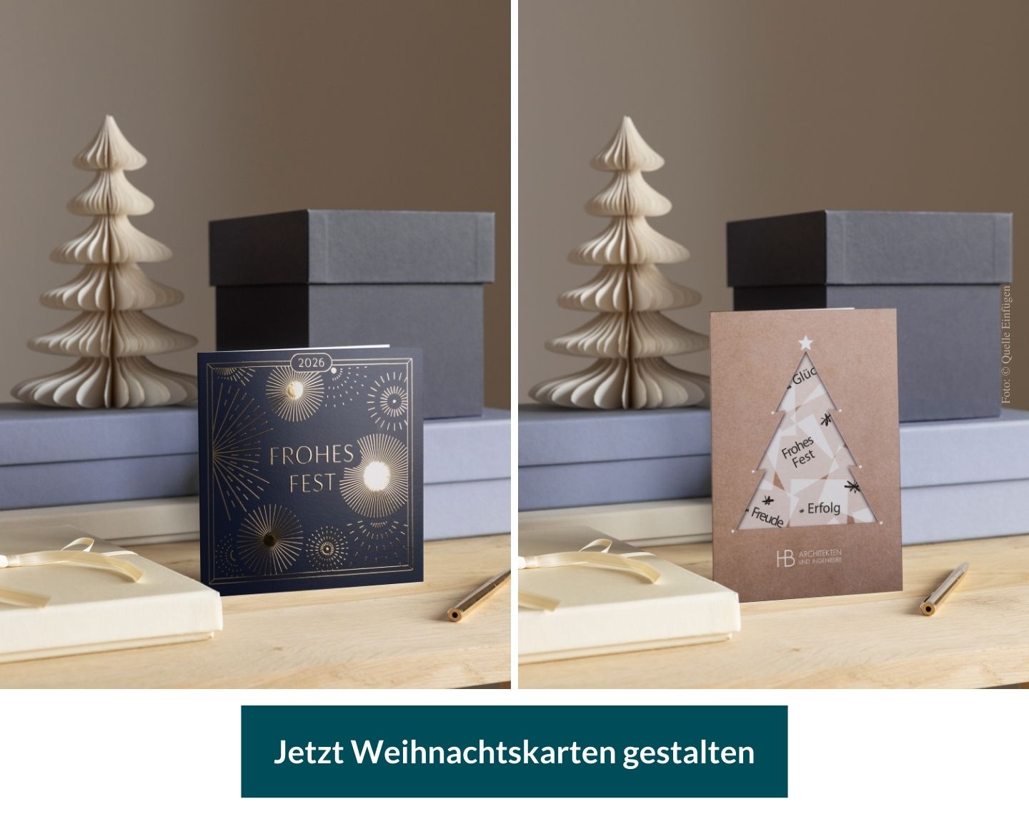 Geschäftliche Weihnachtskarten mit GEschenkboxen und Deko