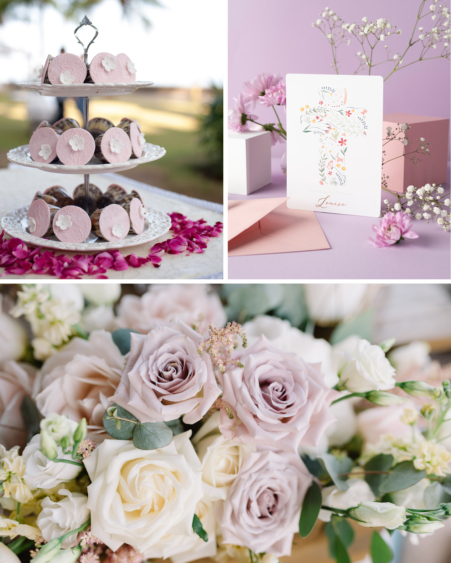 Collage aus Blumen, Etagere mit Süßigkeiten und Taufkarte