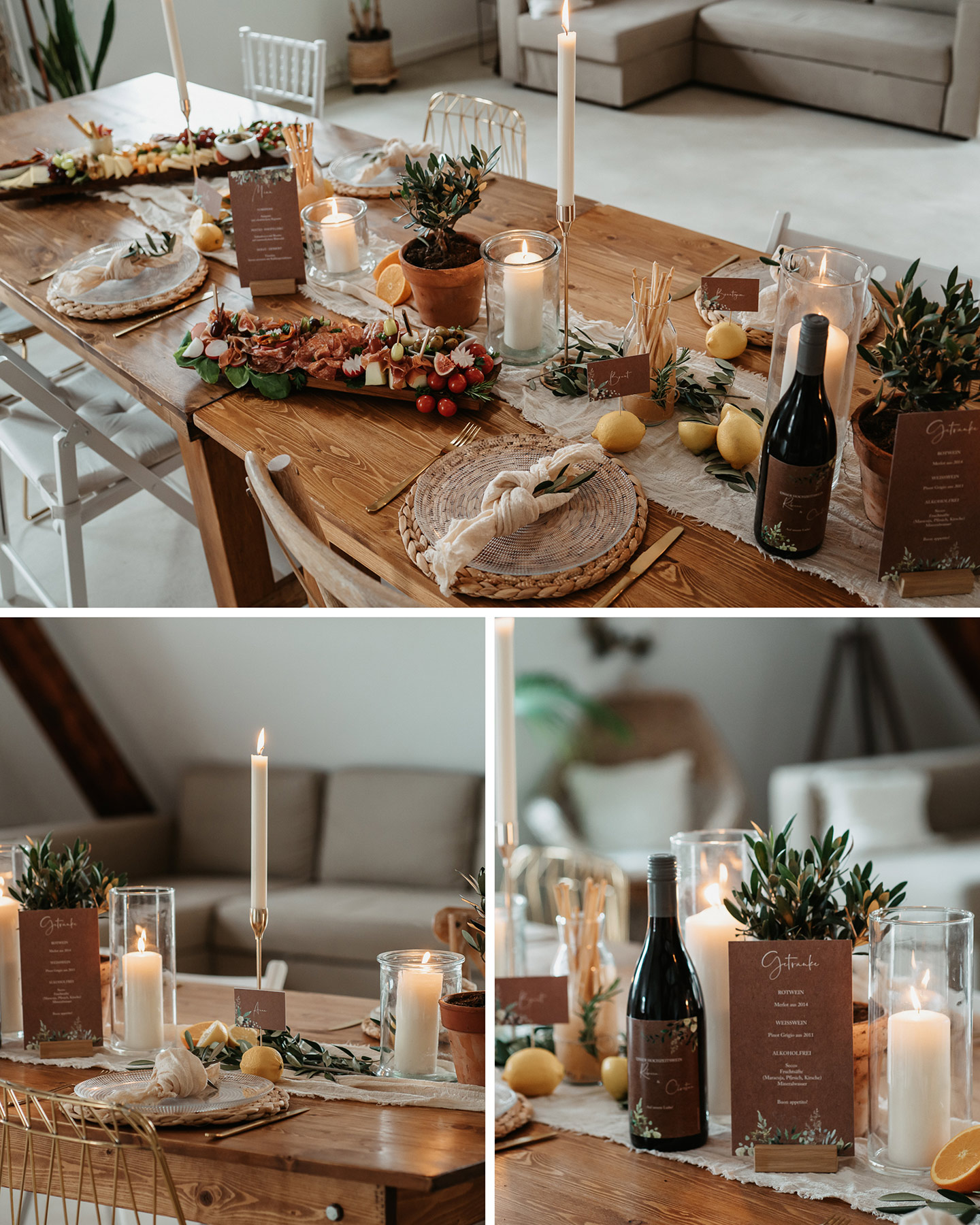 Geschmückte Hochzeitstafel mit rustikalen Elementen. Die Menükarte, Tischkärtchen und Weinetiketten sind optimal darauf abgestimmt. 