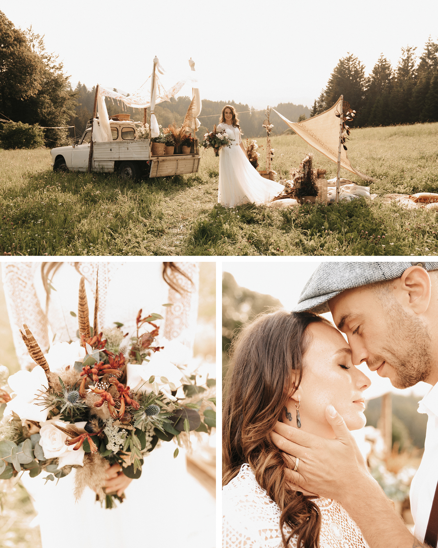 Braut trägt zum Boho Picknick im Grünen ein fließendes Kleid mit Spitzen-Ärmel und einen Brautstrauß mit roten Blüten.