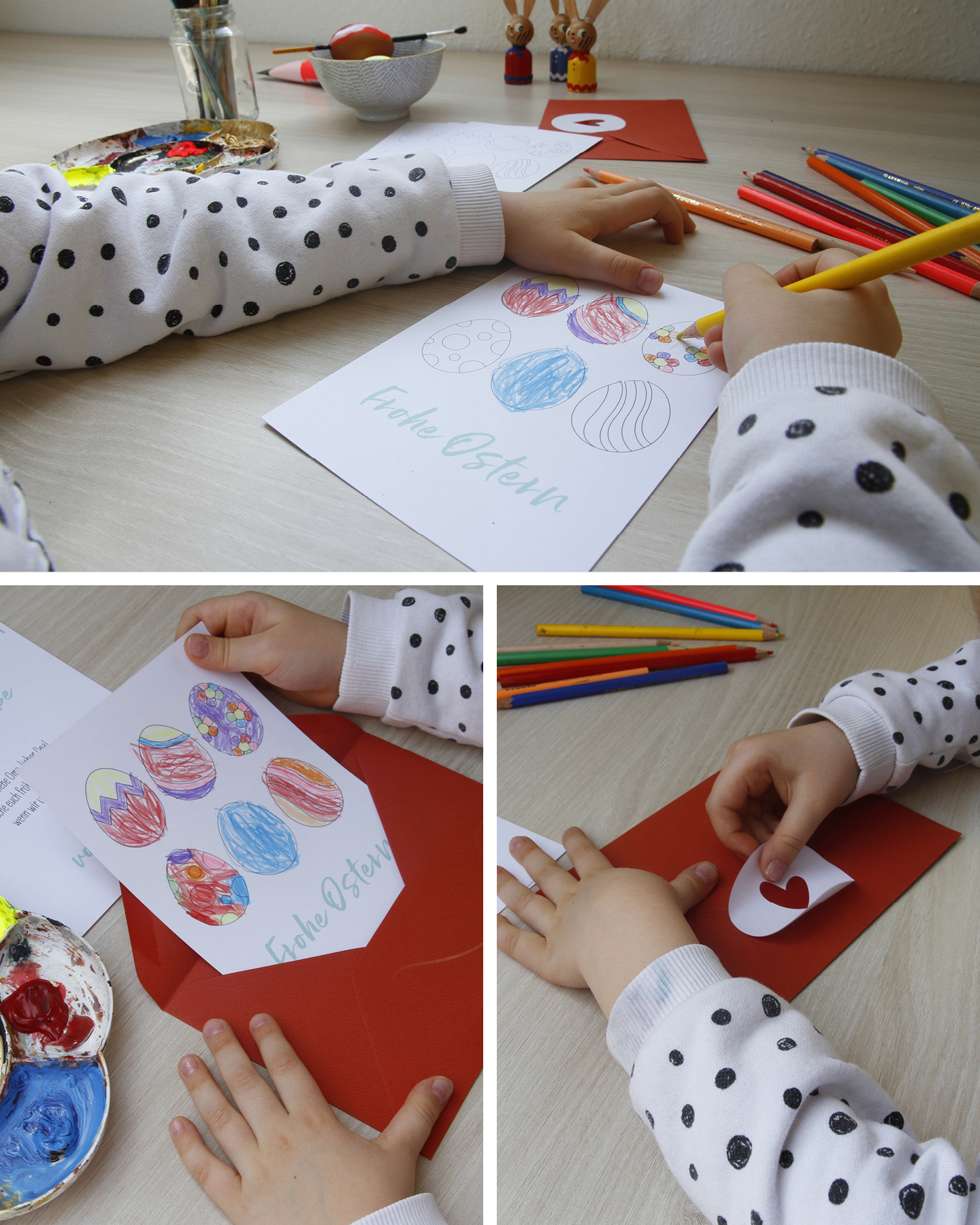 Ausmalkarten Basteln zu Ostern: Kind malt Osterkarte mit Buntstiften aus.