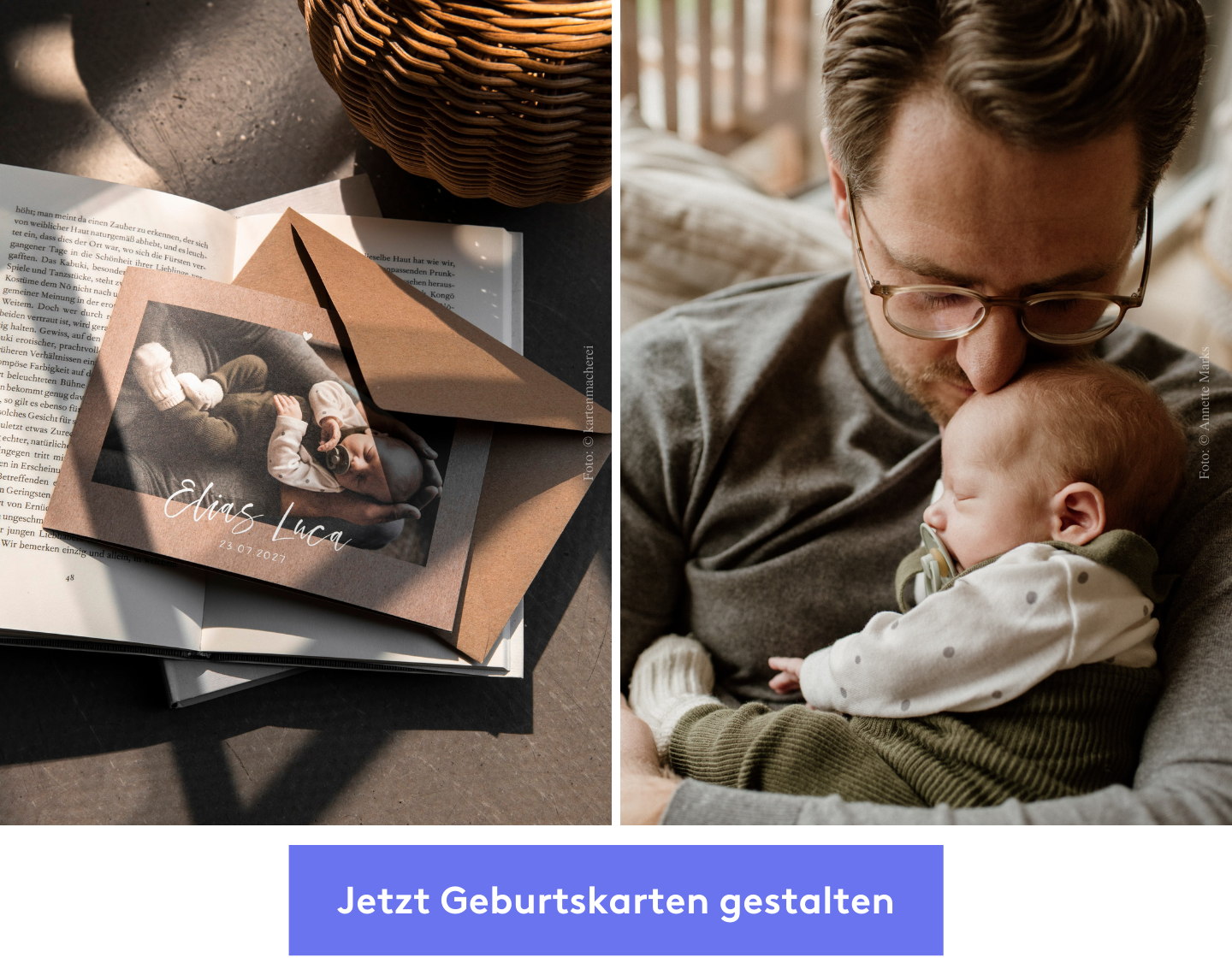 Geburtskarten gestalten. Baby liegt beim Papa auf dem Arm.