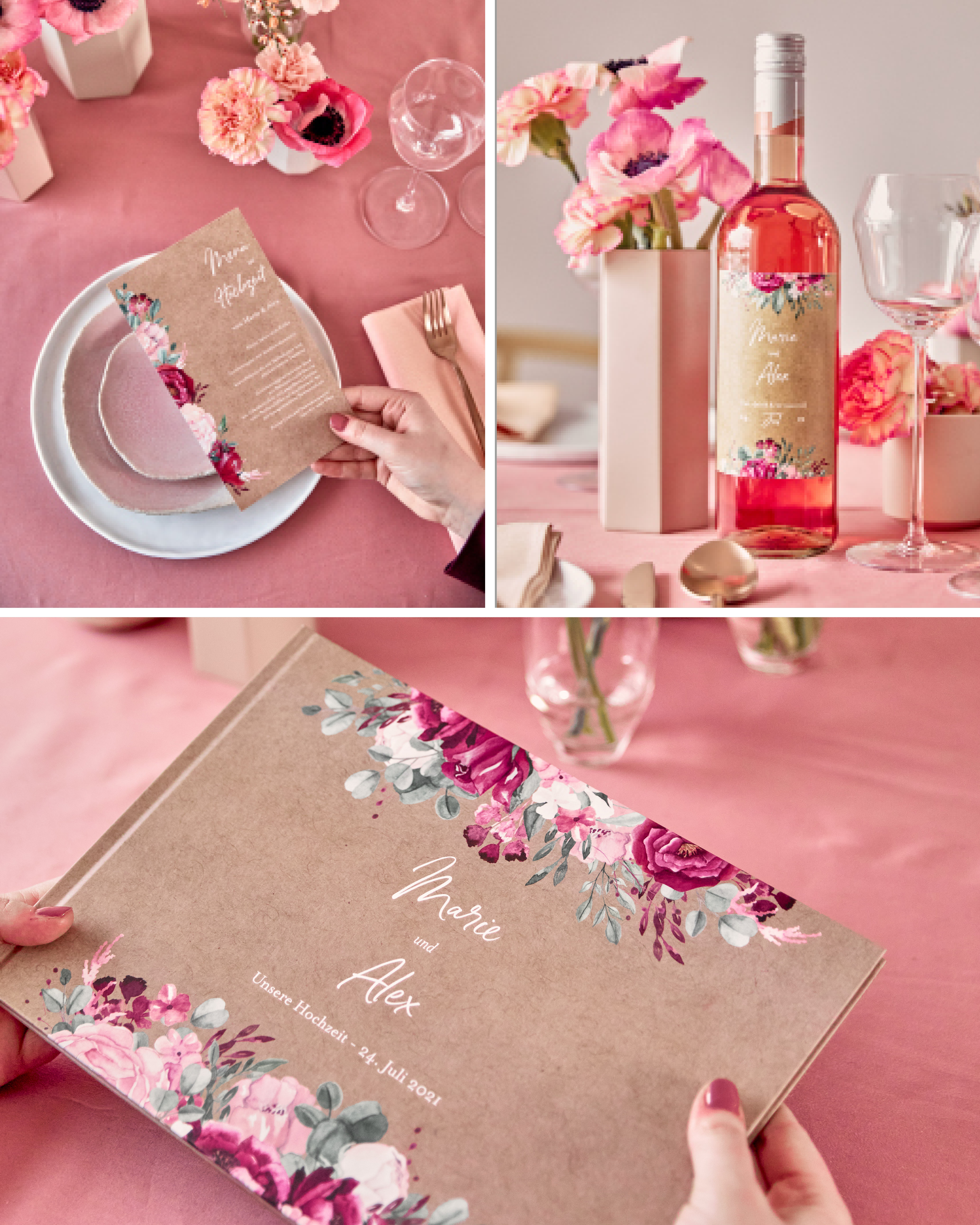 Collage aus Menükarte, Weinflasche und Gästebuch in blumigem Design auf Kraftpapierhintergrund