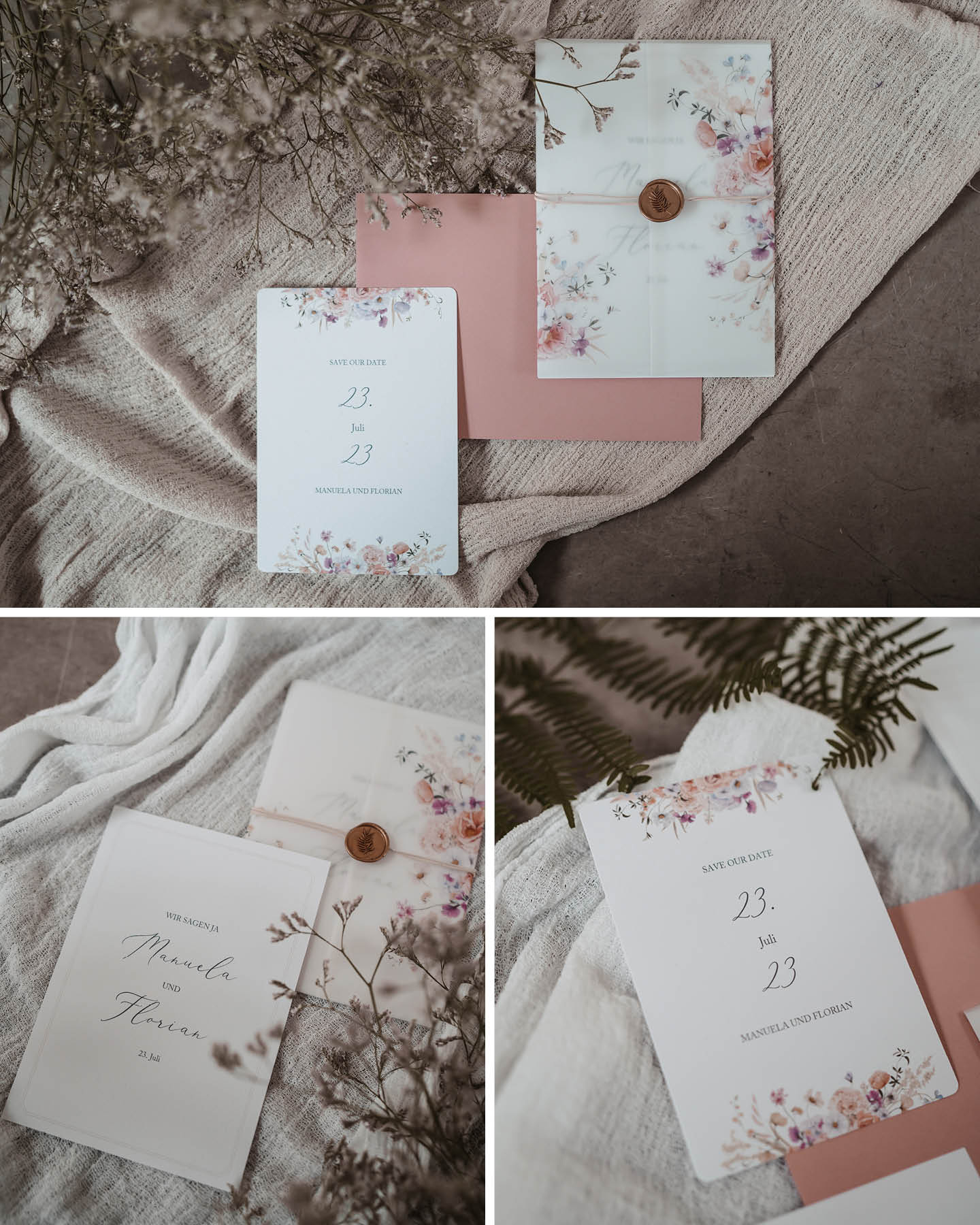 Save-the-Date-Karte und Hochzeitseinladung mit Wachssiegeln und floralen Elementen liegen stillvoll angeordnet auf einem Leinentuch.