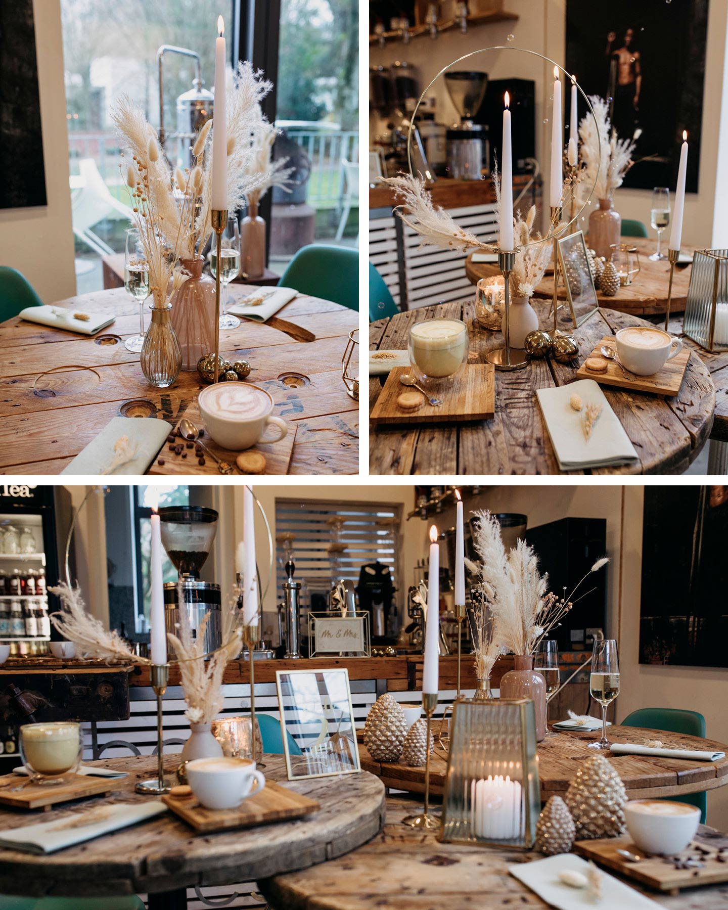 Hochzeitstafel in Kaffeerösterei ist mit Goldelementen, Trockenblumen und weißen Kerzen dekoriert.