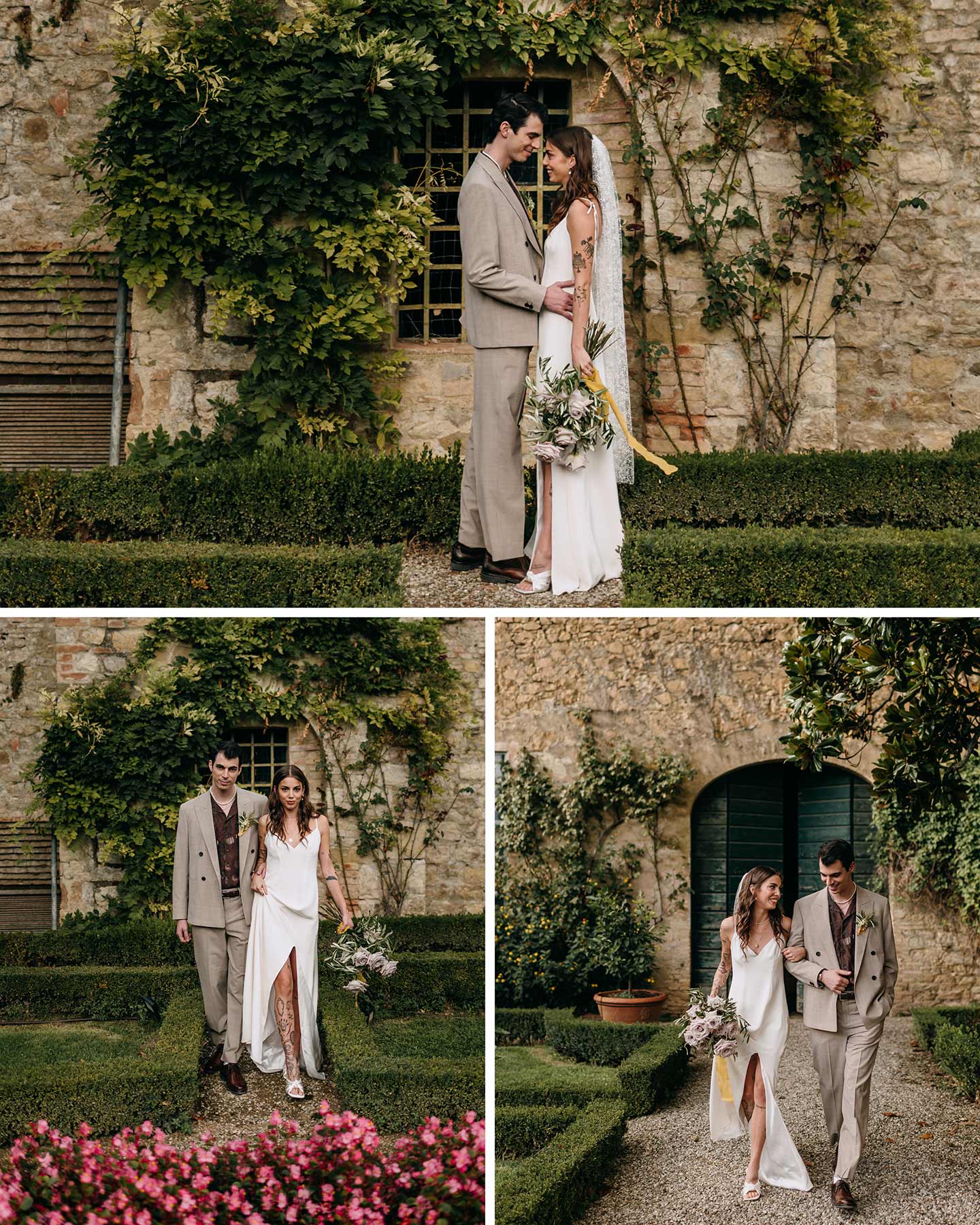 Das Hochzeitspaar befindet sich vor der Location, einem alten Renaissance Gebäude in einem grünen Garten in Italien für ein Fotoshooting.