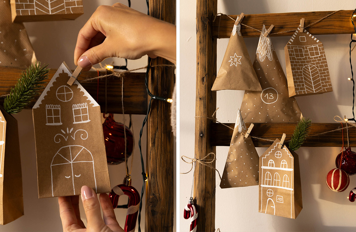 Adventskalender Kinder. Häuser aus Papiertüten basteln.