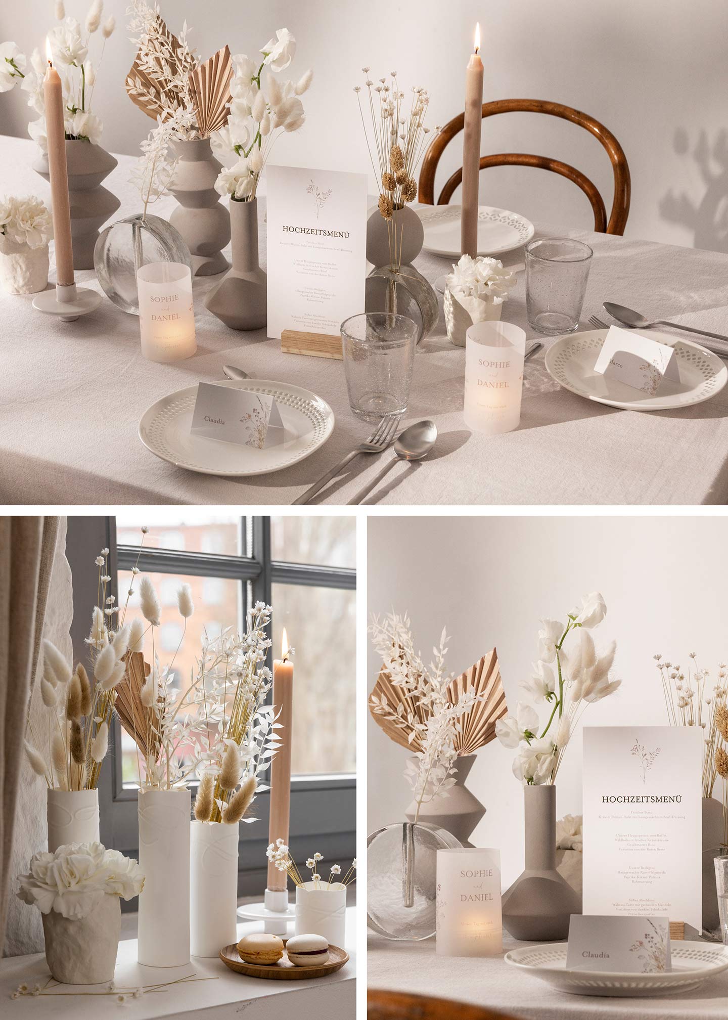 Gedeckter Tisch zur Hochzeit in Beige, Weiß und Minimal gestaltet 