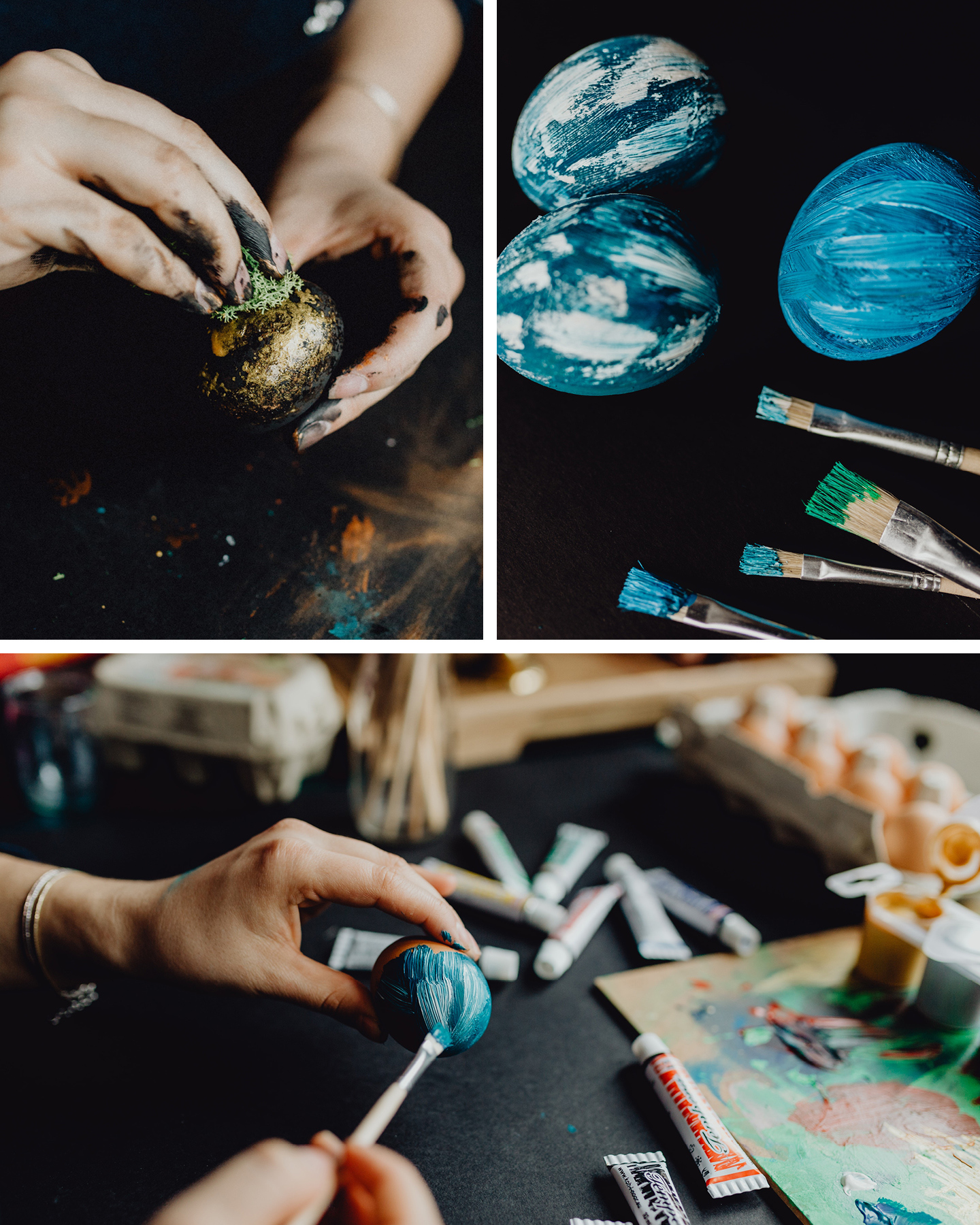 Osterier werden in Blau & Gold als Bastelidee zu Ostern bemalt.