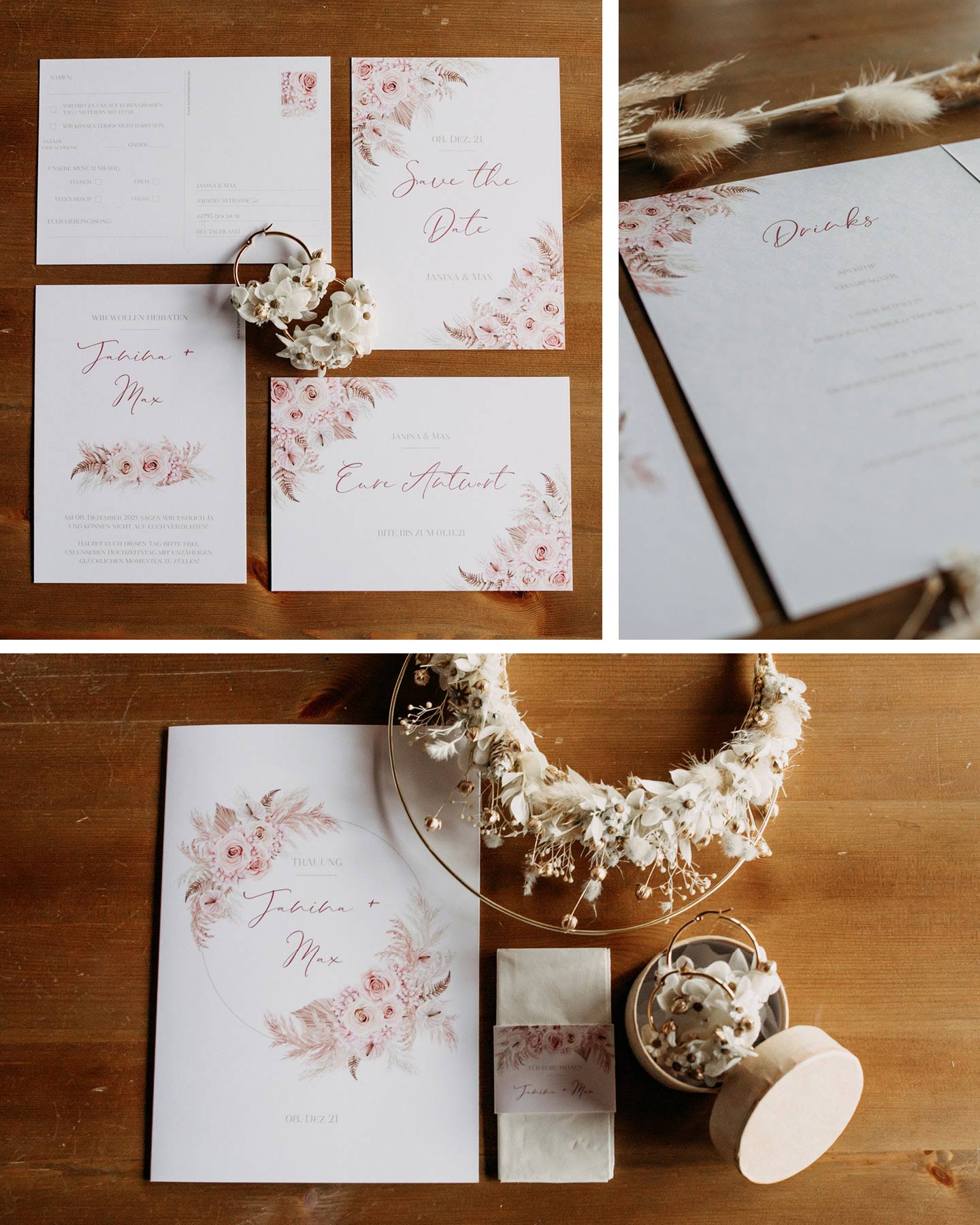 Hochzeitspapeterie mit Illustrationen aus Pampasgras, rosa Blüten und zarter Typografie.