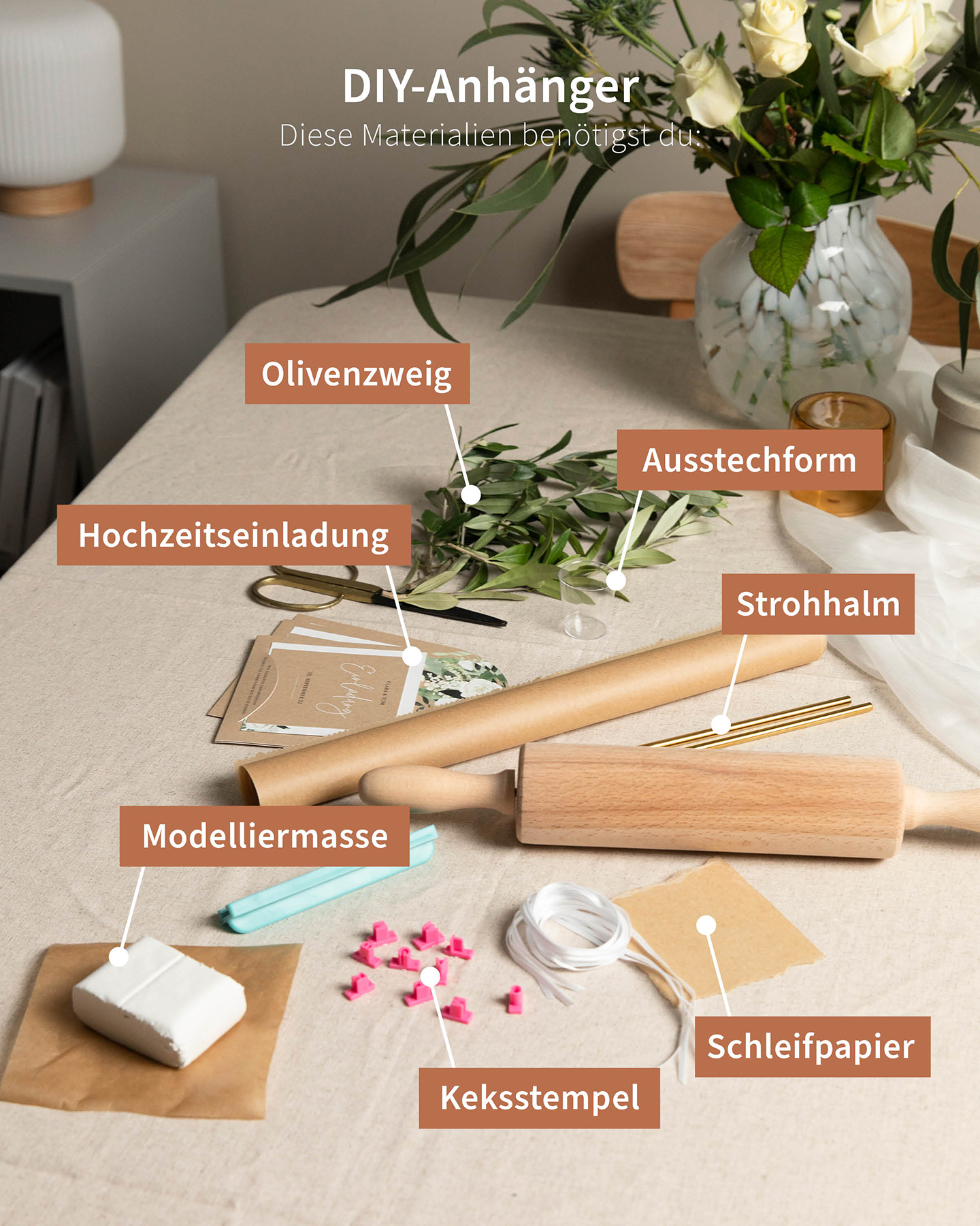 Hochzeitseinladung selber basteln: Materialien, die für einen DIY-Anhänger aus Modelliermasse benötigt werden