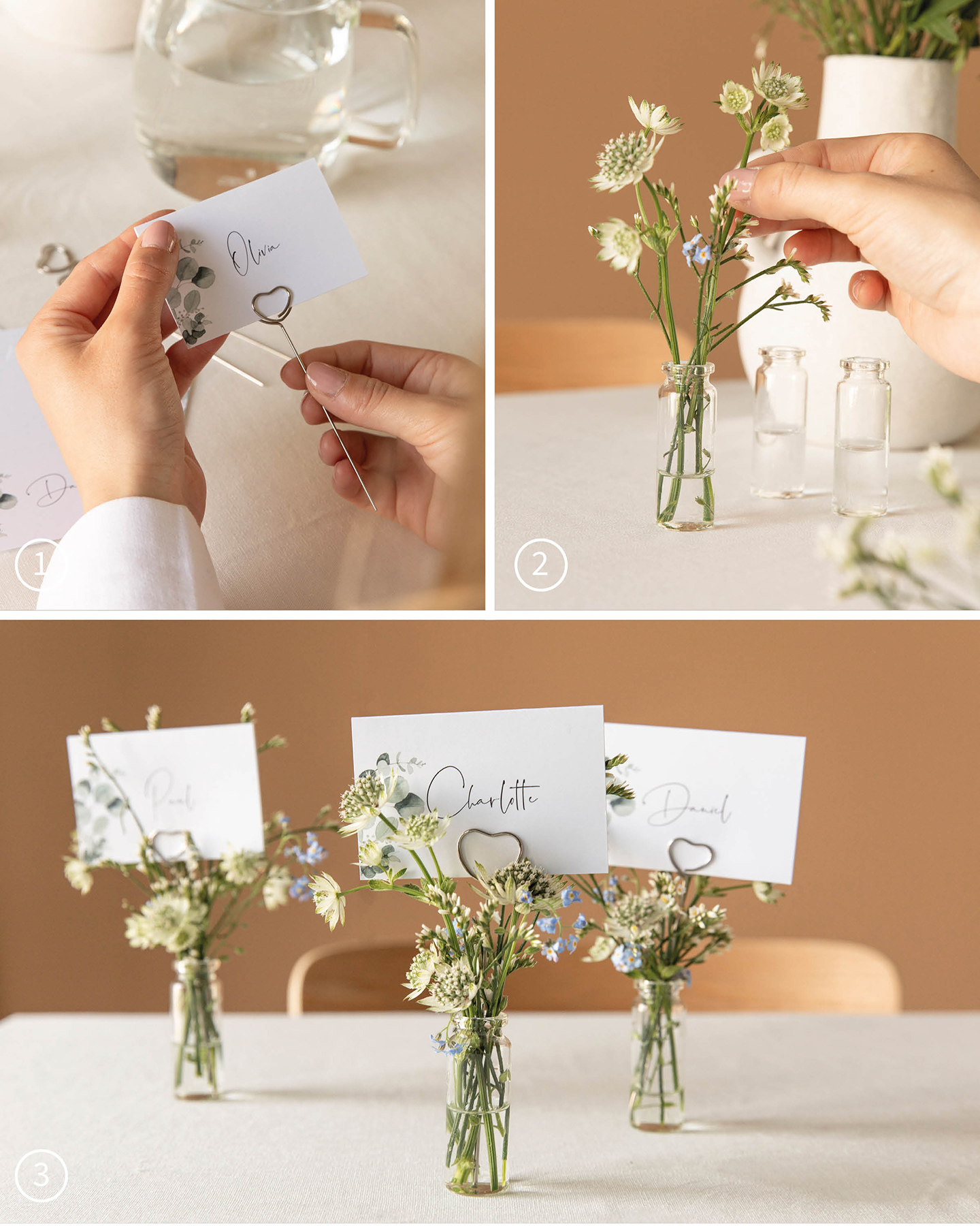 Tischdeko Hochzeit selber basteln: Schritt für Schritt Anleitung für selbstgebastelte Tischkarten dekoriert in kleinen Blumensträußen