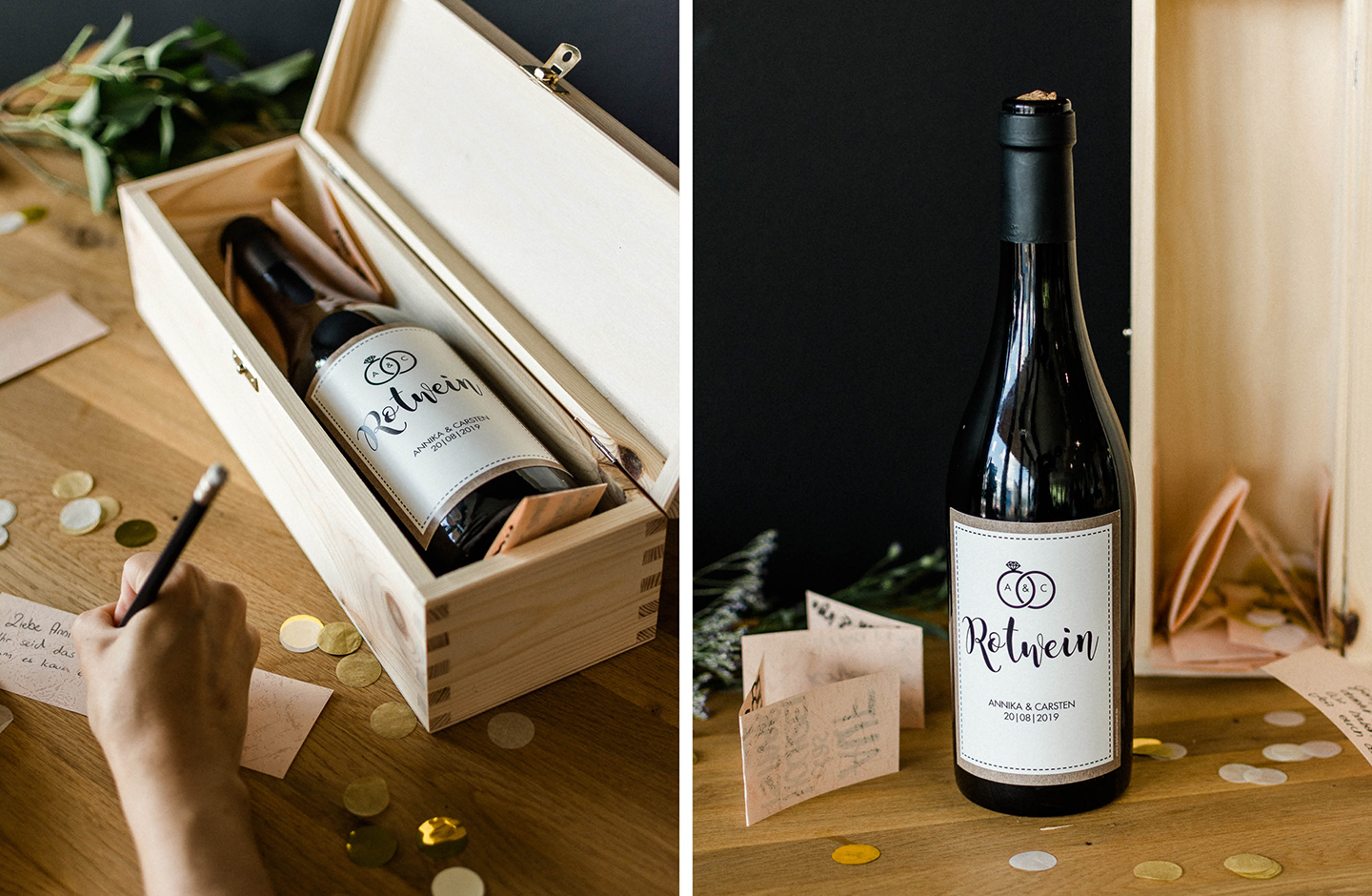 Personalisierte Rotweinflasche zur Hochzeit in einer Holzkiste.
