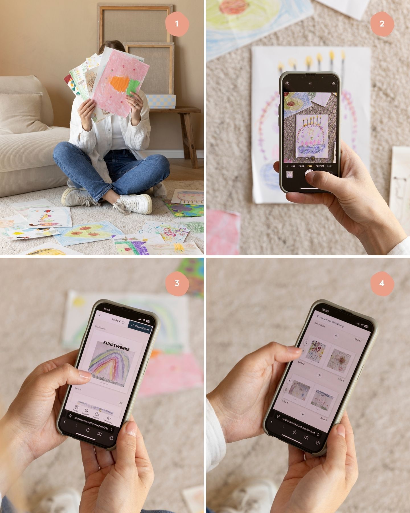 Kunstwerke der Kinder festgehalten in einem Fotobuch. Anleitung zur Gestaltung des Fotobuchs. Frau hält unzählige gemalte Werke hoch. Im nächsten Schrift werden die Bilder mit dem Handy abfotografiert und das Fotobuch am Handy konfiguriert.
