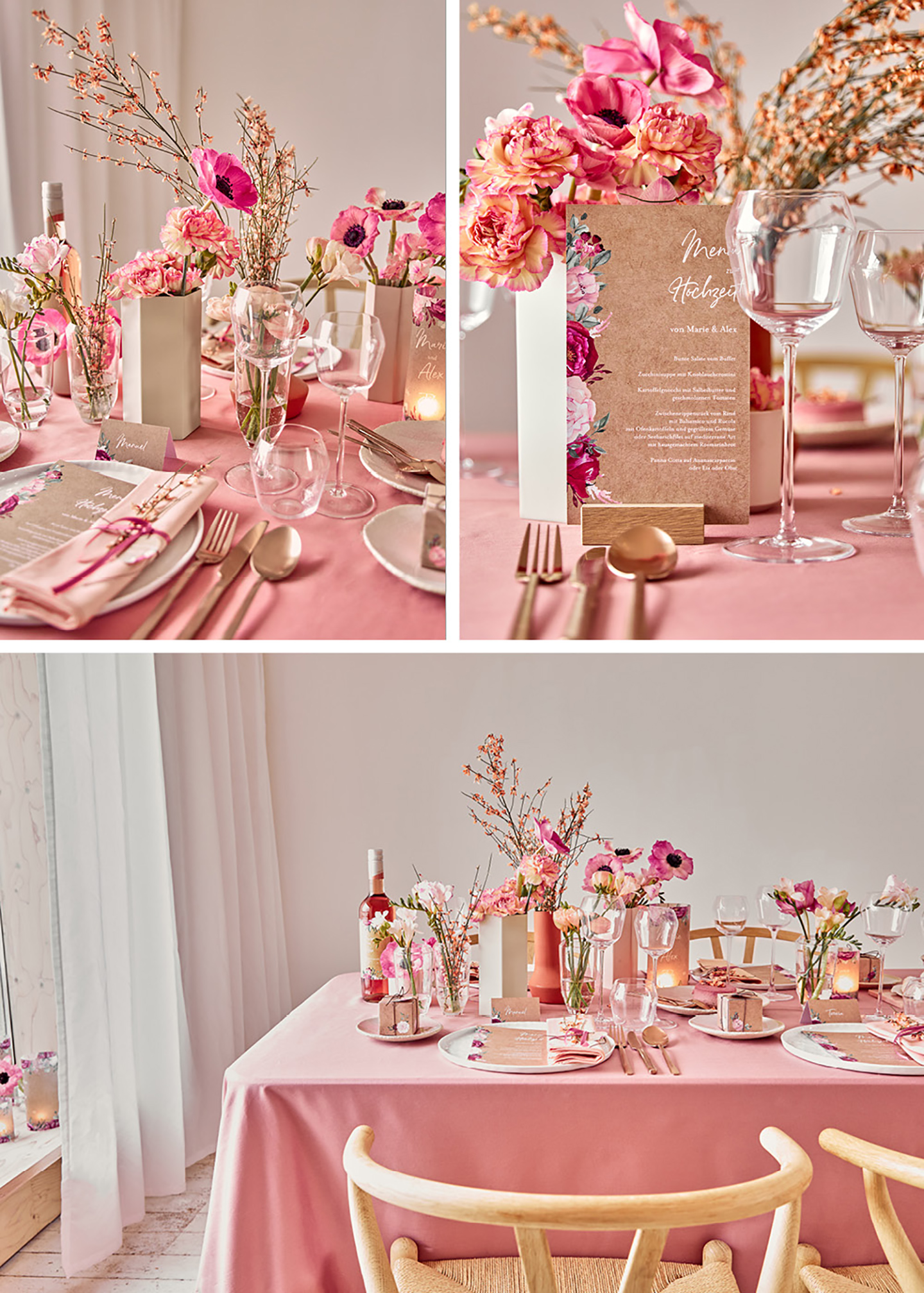 Tischdeko Hochzeit: Liebevoll angerichteter Hochzeitstisch mit Blumen, Geschirr und Papeterie, farblich aufeinander abgestimmt: die soften und leuchtenden Pinktöne sehen schön zusammen aus.