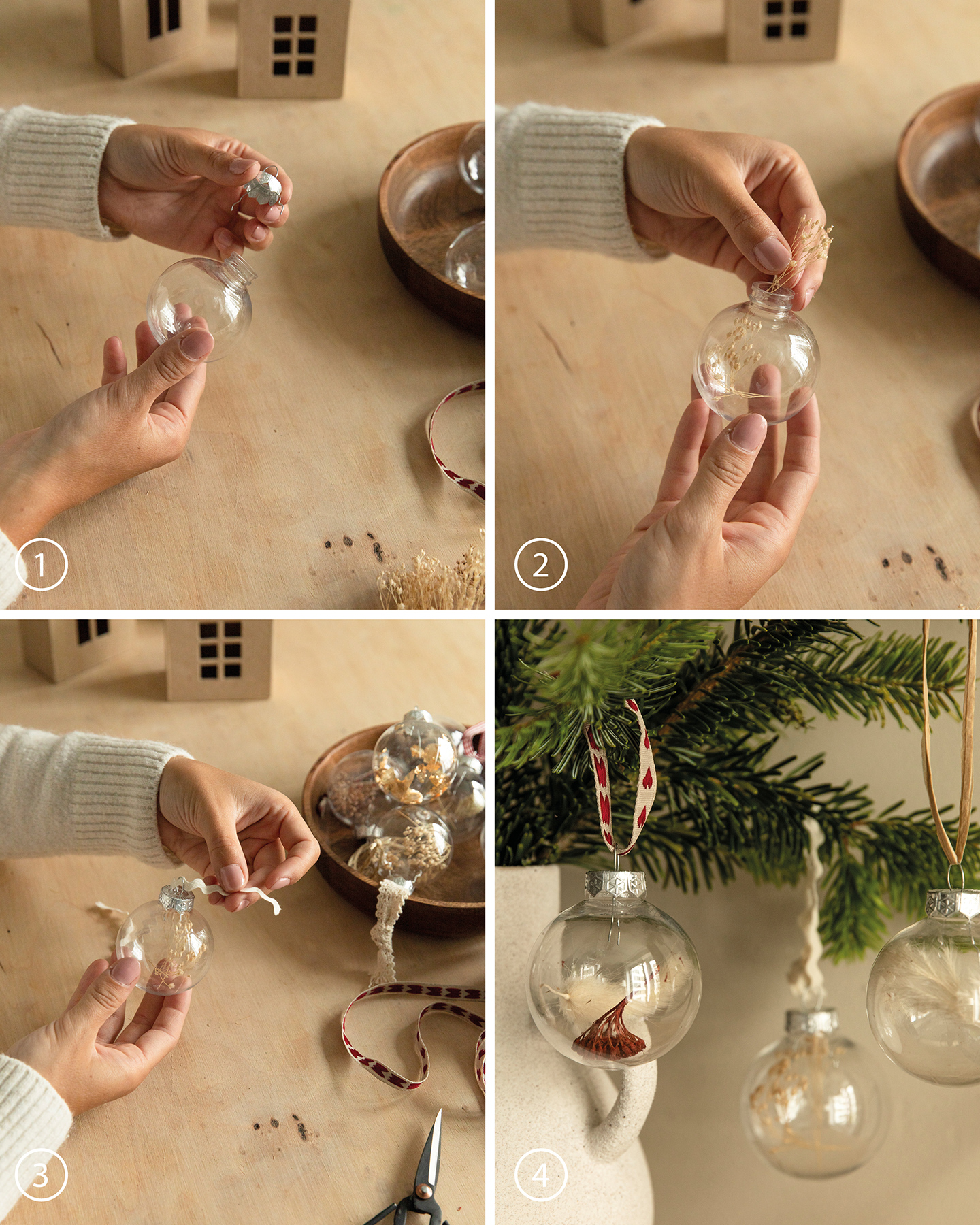 DIY-Weihnachtsbaumkugeln aus Glas werden gefüllt mit Trockenblumen.