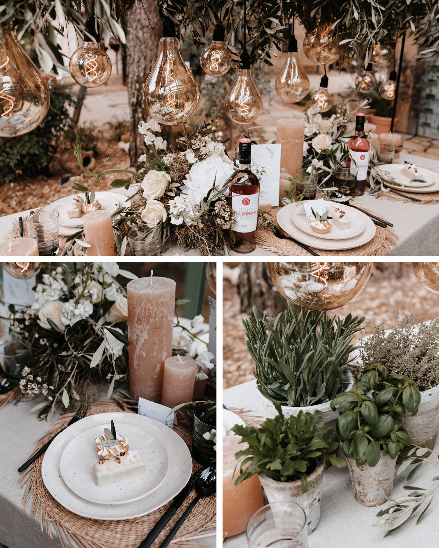 Die Hochzeitstafel ist passend zum Boho Greenery Look mit frischen Kräutern in rustikalen Töpfen dekoriert.
