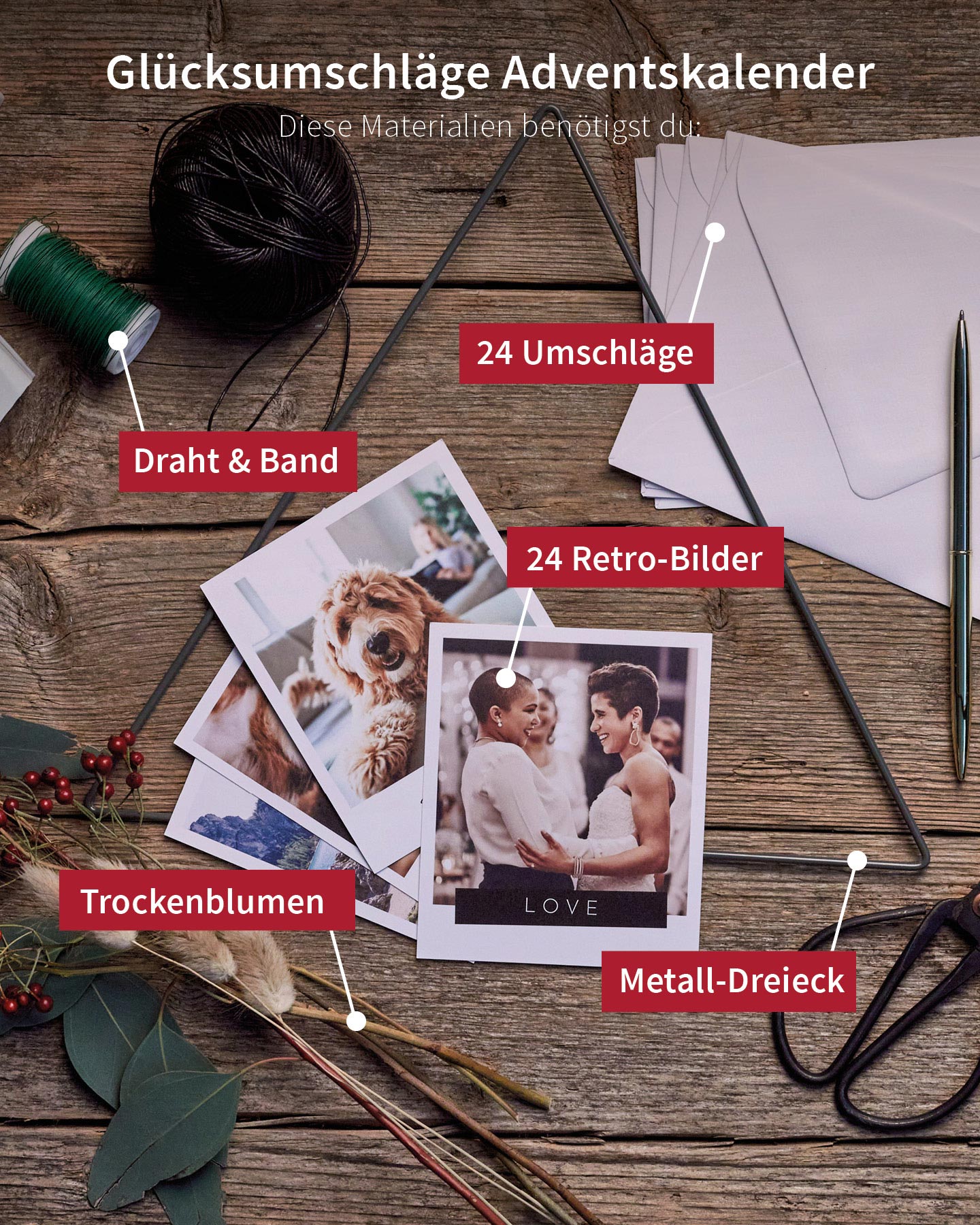 Materialien um Adventskalender selber basteln werden in der Übersicht gezeigt.