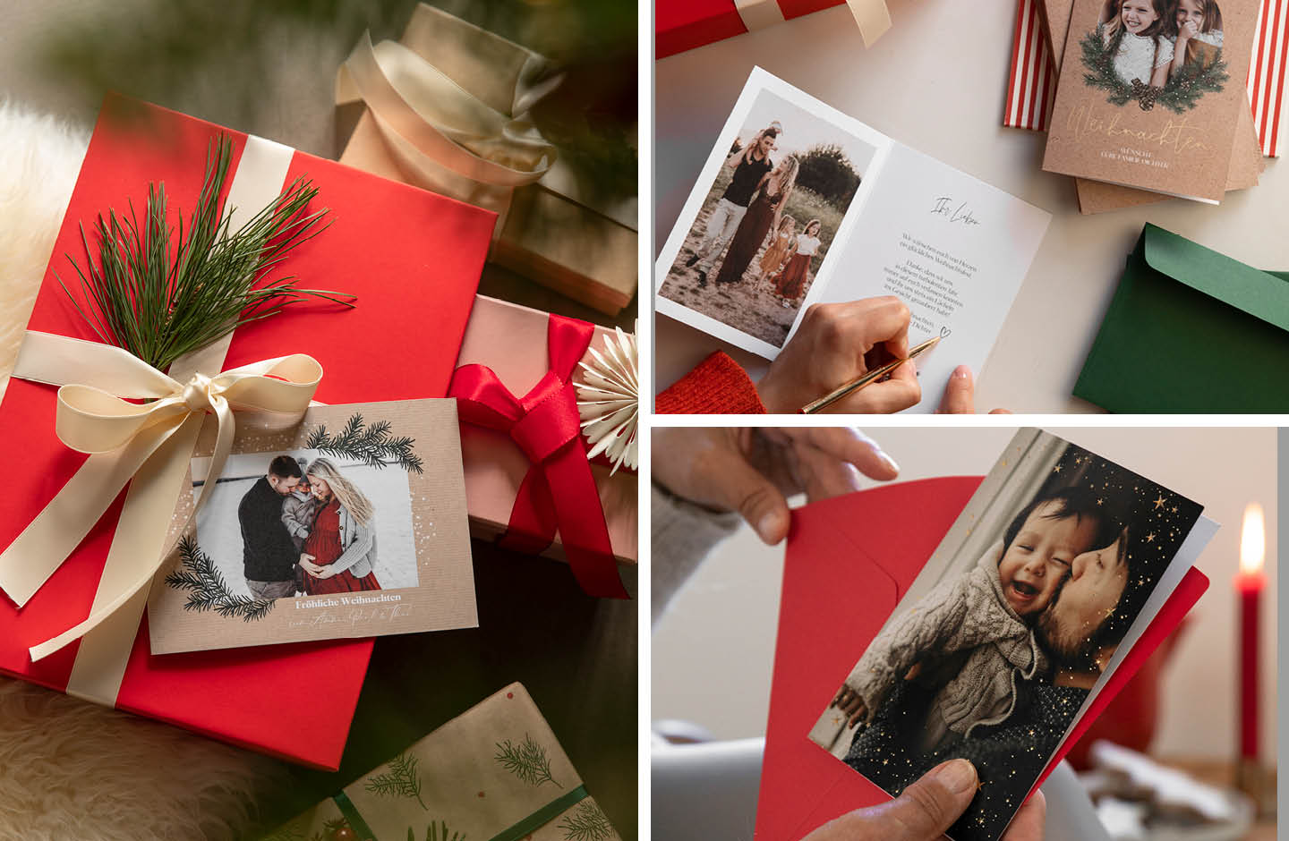 Weihnachtskarten auf Geschenk in rotem Papier und mit Umschlag in rot und grün.