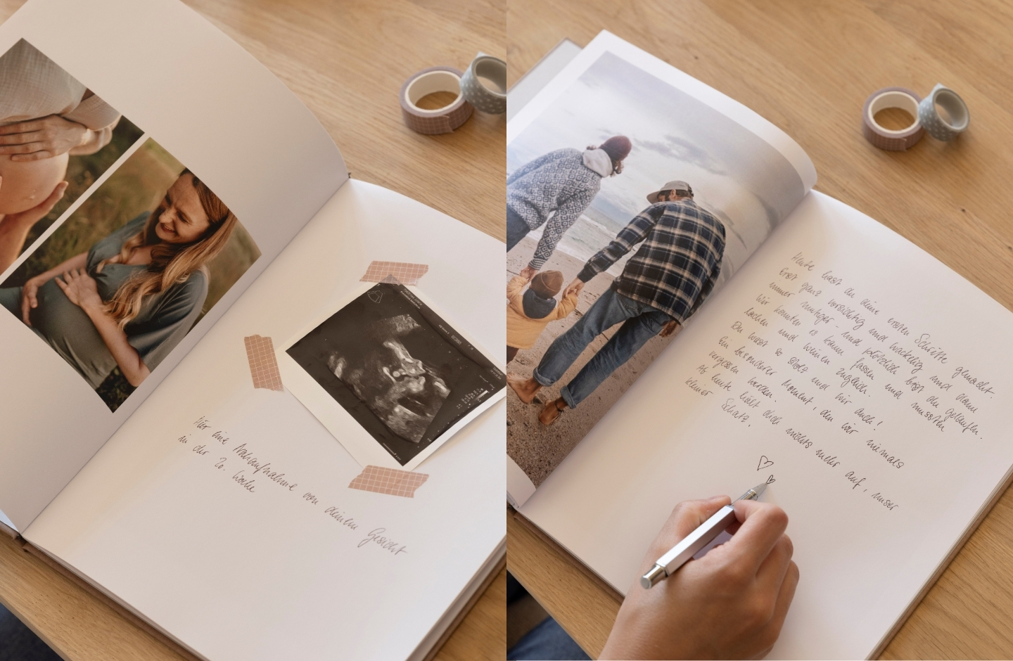 Erinnerungsalbum des Kindes mit Fotos auf der linken Seite und eingeklebten Erinnerungsstücken auf der rechten Seite: Ultraschallbild, Tagebucheintrag von den ersten Schritten des Kindes.