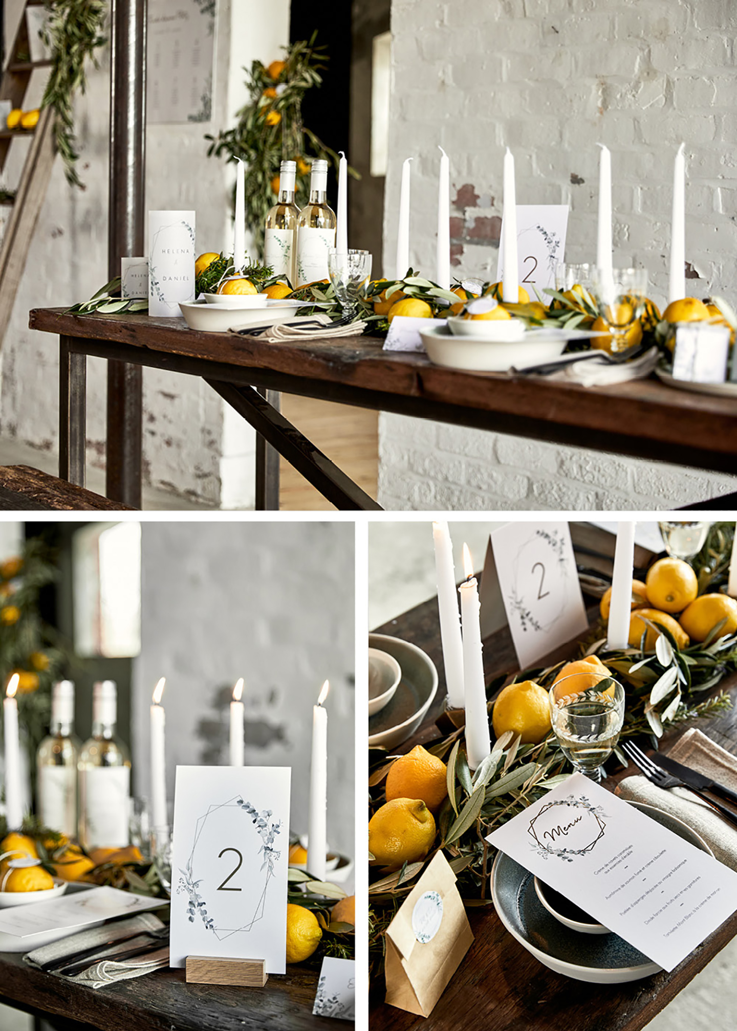 Zitronen auf dem Hochzeitstisch schmücken die gedeckte Hochzeitstafel im rustikalen Stil.