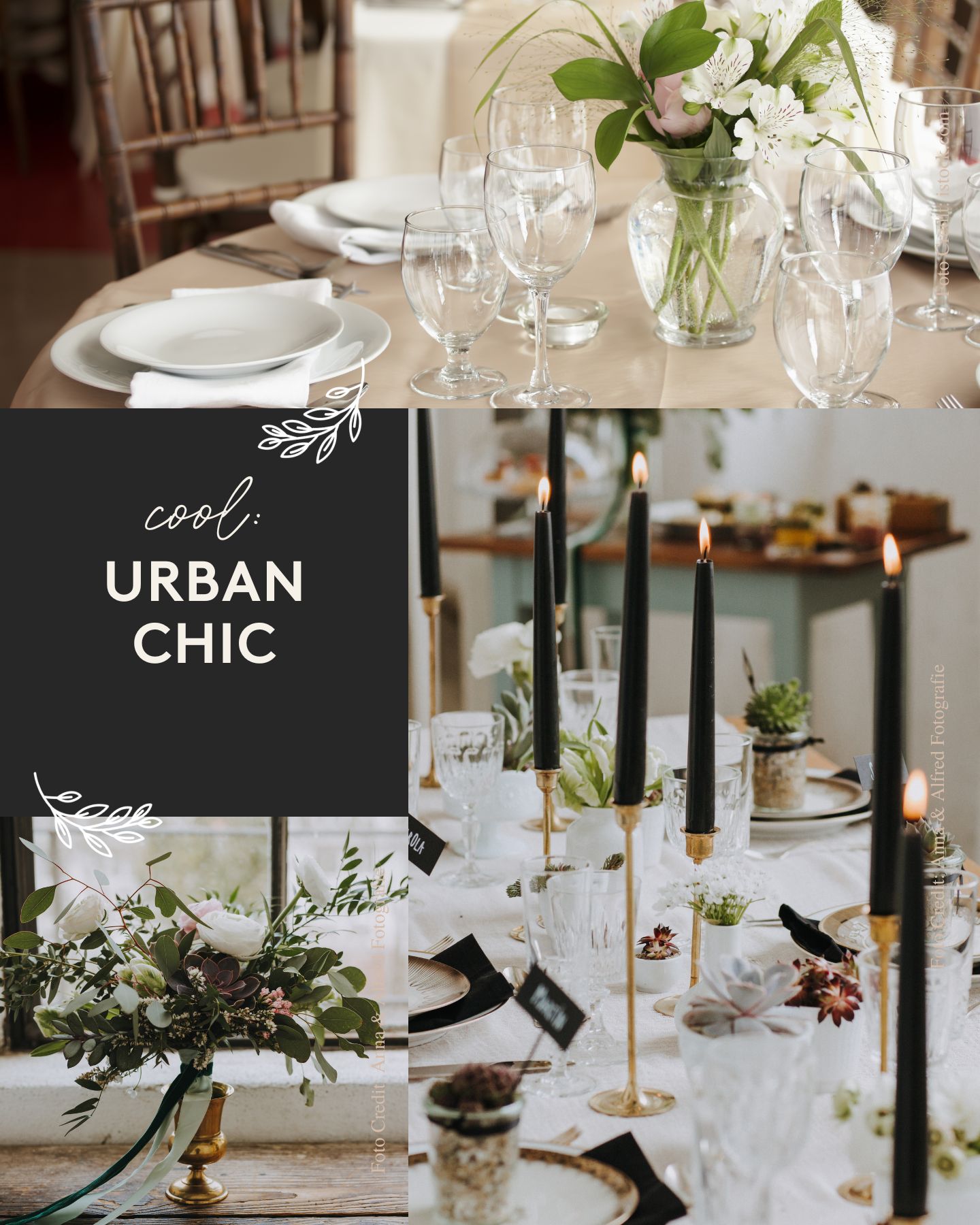 Hochzeitstrend Urban Chic: Collage aus Fotos mit minimalistischer Tischdeko