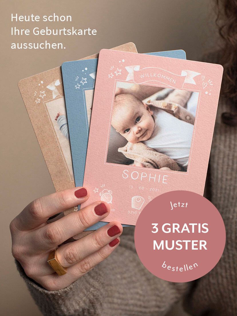Jetzt gestalten, später Foto einfügen. Wie wird Ihre Geburtskarte aussehen?